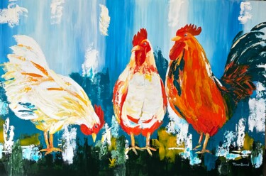 Painting titled "Colorful chickens" by Teresinha Van Bavel, Original Artwork, Acrylic