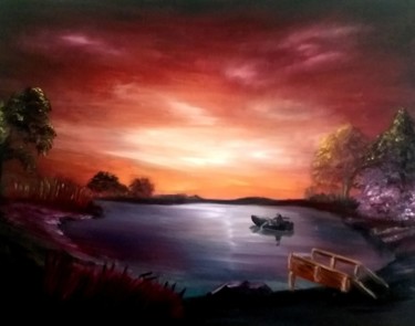 Painting titled "Evening fishing" by Sergo Ter-Ner Ter-Nersesov, Original Artwork, Oil Mounted on Wood Stretcher frame
