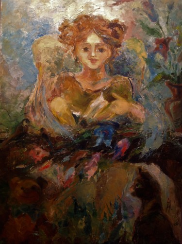 Schilderij getiteld "ANGEL LOOKING" door Nataliya Tsarskaya, Origineel Kunstwerk, Olie