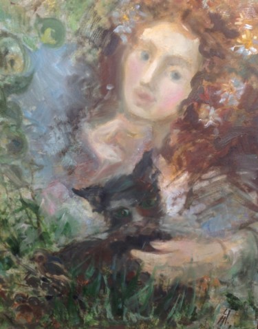 Painting titled "дева & кот" by Nataliya Tsarskaya, Original Artwork, Oil