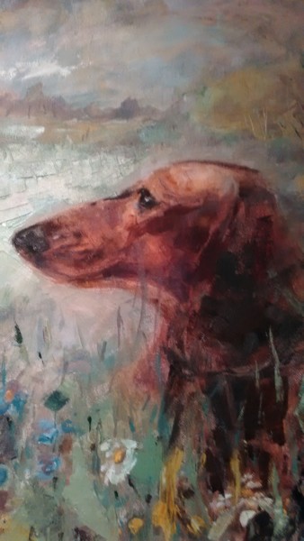 Painting titled "dachshund" by Nataliya Tsarskaya, Original Artwork, Oil