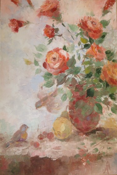 Painting titled "roses & birds" by Nataliya Tsarskaya, Original Artwork, Oil