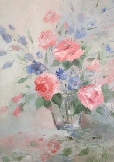 Painting titled "roses after rain" by Nataliya Tsarskaya, Original Artwork, Oil