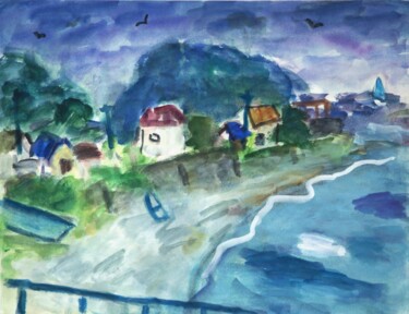 Картина под названием "A fishing port in J…" - Terushige Matsumoto, Подлинное произведение искусства, Акварель