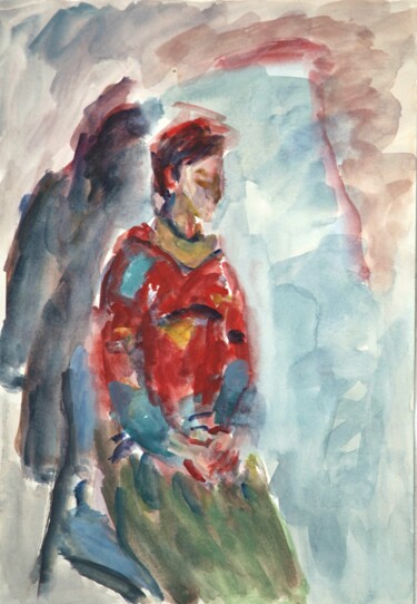 Painting titled "Woman in red costume" by Terushige Matsumoto, Original Artwork, Watercolor