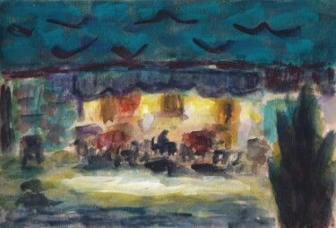 Peinture intitulée "Night cafe in Moroc…" par Terushige Matsumoto, Œuvre d'art originale, Gouache