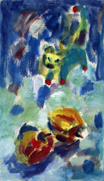 Pittura intitolato "Cat and apples" da Terushige Matsumoto, Opera d'arte originale, Olio Montato su Telaio per barella in le…