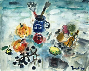 Pintura intitulada "Fruits and violinist" por Terushige Matsumoto, Obras de arte originais, Aquarela