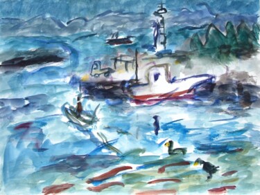 Ζωγραφική με τίτλο "White fishing boat" από Terushige Matsumoto, Αυθεντικά έργα τέχνης, Ακουαρέλα