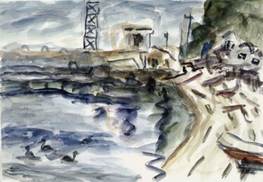 Pintura intitulada "Fishing port with b…" por Terushige Matsumoto, Obras de arte originais, Aquarela