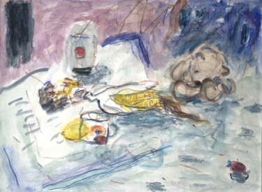 Painting titled "Teddy bear and corn" by Terushige Matsumoto, Original Artwork, Watercolor