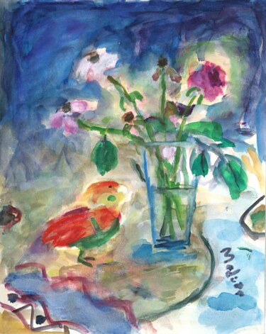 Painting titled "Rose and a parakeet" by Terushige Matsumoto, Original Artwork, Gouache