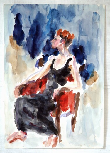 Painting titled "A young woman in bl…" by Terushige Matsumoto, Original Artwork, Watercolor