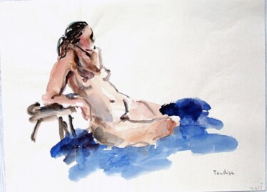 Painting titled "Nude model on blue" by Terushige Matsumoto, Original Artwork, Watercolor
