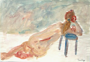 Painting titled "Back of a nude with…" by Terushige Matsumoto, Original Artwork, Watercolor