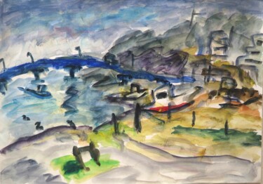 Peinture intitulée "Fishing port in Jap…" par Terushige Matsumoto, Œuvre d'art originale, Aquarelle