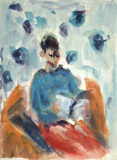 Painting titled "A young woman readi…" by Terushige Matsumoto, Original Artwork, Watercolor