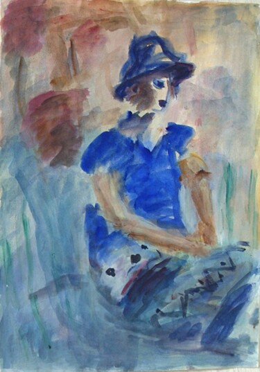 Картина под названием "Woman in blue costu…" - Terushige Matsumoto, Подлинное произведение искусства, Акварель