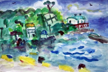 Peinture intitulée "Seaside town in Jap…" par Terushige Matsumoto, Œuvre d'art originale, Aquarelle