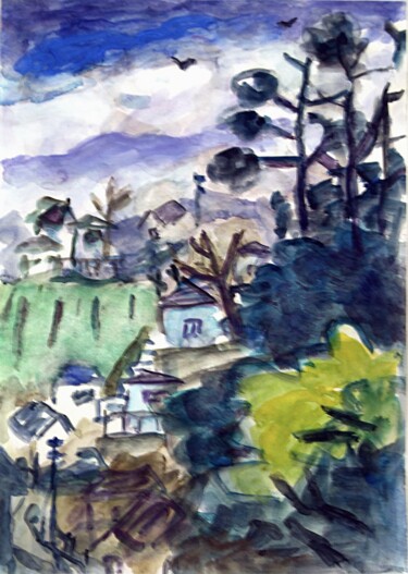 Painting titled "The view from my ho…" by Terushige Matsumoto, Original Artwork, Watercolor