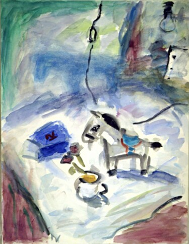 Painting titled "Donkey and roses" by Terushige Matsumoto, Original Artwork, Watercolor