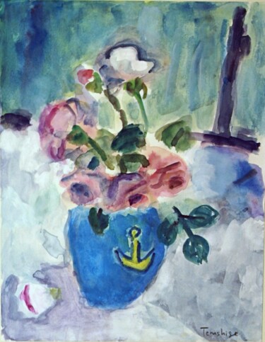 Painting titled "Roses in a blue vase" by Terushige Matsumoto, Original Artwork, Watercolor