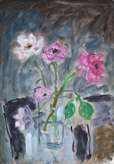 Painting titled "Pink roses in a gar…" by Terushige Matsumoto, Original Artwork, Gouache