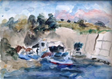 Schilderij getiteld "A fishing port at M…" door Terushige Matsumoto, Origineel Kunstwerk, Aquarel