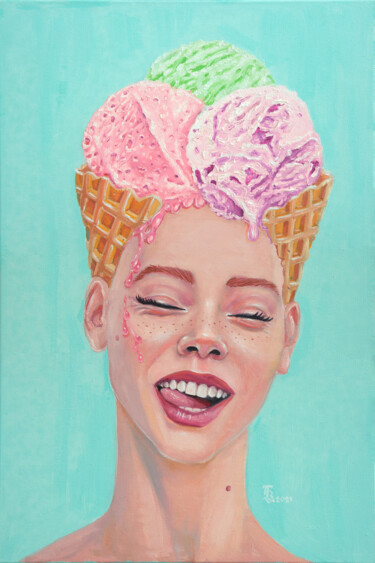 Painting titled "Ice Cream" by Tetiana Bogdanova, Original Artwork, Oil Mounted on Wood Stretcher frame