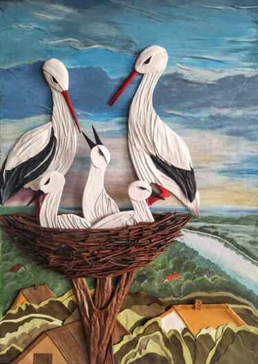 Peinture intitulée "Семейство аистов" par Tetiana Fursa, Œuvre d'art originale, Cuir
