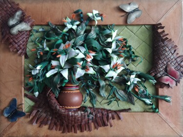 Malerei mit dem Titel "Лилии в вазе" von Tetiana Fursa, Original-Kunstwerk, Leder