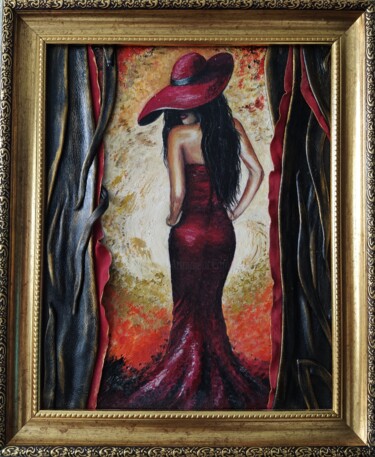 Malerei mit dem Titel "Леди в красном" von Tetiana Fursa, Original-Kunstwerk, Leder