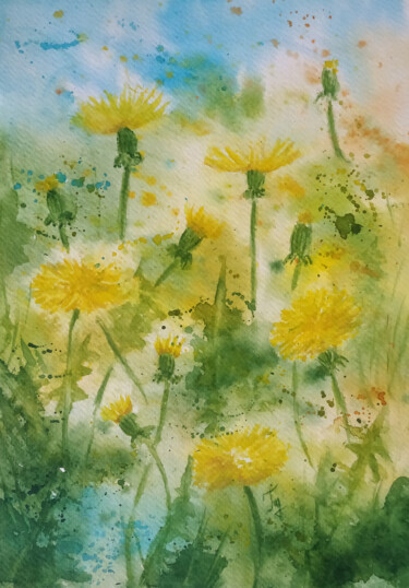 Painting titled "Dandelions 1" by Tetiana Hladysh, Original Artwork, Watercolor