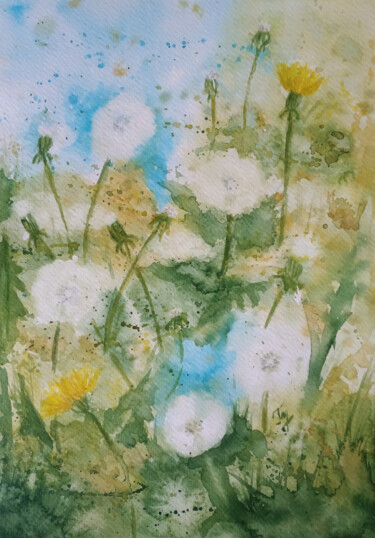 Painting titled "Dandelions 2" by Tetiana Hladysh, Original Artwork, Watercolor