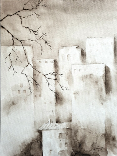 Painting titled "Skyscrapers. Branch" by Tetiana Hladysh, Original Artwork, Watercolor
