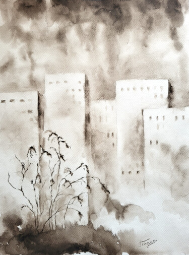 Painting titled "Skyscrapers. Weed" by Tetiana Hladysh, Original Artwork, Watercolor
