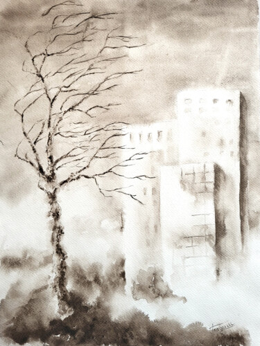 Peinture intitulée "Skyscrapers. Tree" par Tetiana Hladysh, Œuvre d'art originale, Aquarelle