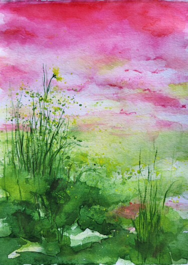 Painting titled "Pink sky" by Tetiana Hladysh, Original Artwork, Watercolor