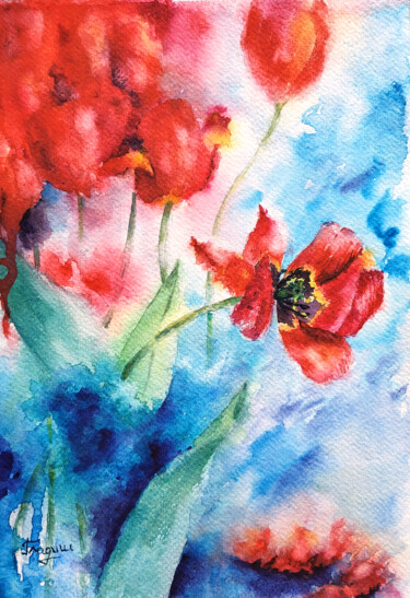 Painting titled "Flame of tulips" by Tetiana Hladysh, Original Artwork, Watercolor