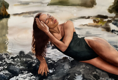 Peinture intitulée "WOMAN ON THE BEACH" par Tetiana Koda, Œuvre d'art originale, Aquarelle