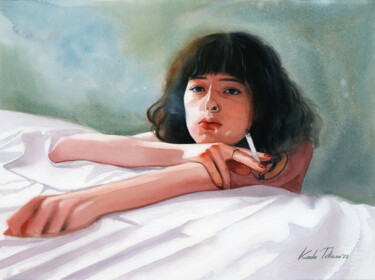 Painting titled "GIRL WITH A CIGARET…" by Tetiana Koda, Original Artwork, Watercolor