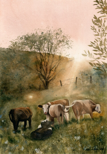 Painting titled "Cows In The Summer…" by Tetiana Koda, Original Artwork, Watercolor