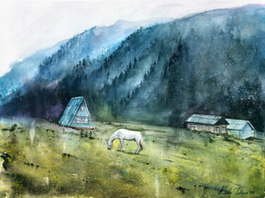 Pintura titulada "Mountain village" por Tetiana Koda, Obra de arte original, Acuarela