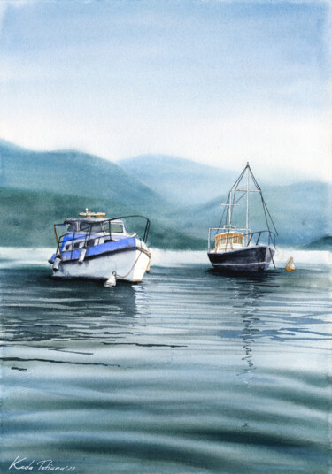 Malarstwo zatytułowany „Boats on Lago d’Ort…” autorstwa Tetiana Koda, Oryginalna praca, Akwarela