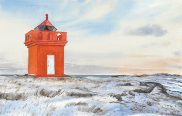 Painting titled "The Lighthouse" by Tetiana Koda, Original Artwork, Watercolor