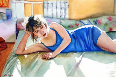 Painting titled "Blue silk" by Tetiana Koda, Original Artwork, Watercolor