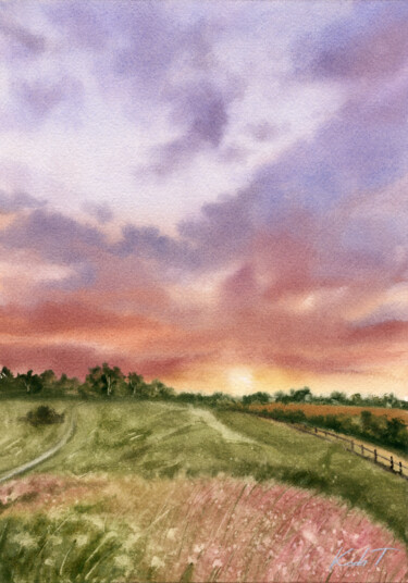 Painting titled "Serene sunset" by Tetiana Koda, Original Artwork, Watercolor