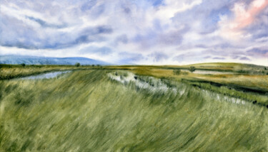 Malerei mit dem Titel "Green Grass Field" von Tetiana Koda, Original-Kunstwerk, Aquarell