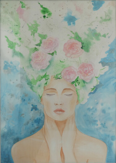 Painting titled "Girl with roses" by Tetiana Kosenko, Original Artwork, Watercolor