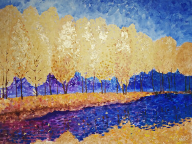 Painting titled "Gold autumn" by Tetiana Kosenko, Original Artwork, Oil Mounted on Wood Stretcher frame